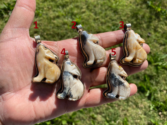 Natural Stone Carved Puppy Dog Figurine Soapstone Tibetan Silver Pendant, Totem Animal Soapstone, Spirit Animal Gift, Animal Lover Jewelry