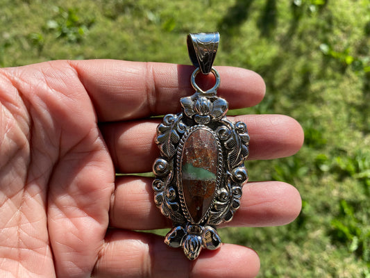 Natural Stone Chrysoprase Tibetan Silver Pendant, Untreated Gem Jewelry For Girlfriend, Australian Gemstone, Raw Chrysoprase Boho Pendant
