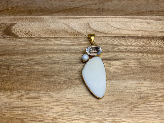 Natural Stone Pendant, Matte White Jasper with Pearl & faceted White Topaz Gemstone, 14K Matte Gold Overlay, Pendant for Necklace Jewelry