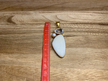 Natural Stone Pendant, Matte White Jasper with Pearl & faceted White Topaz Gemstone, 14K Matte Gold Overlay, Pendant for Necklace Jewelry