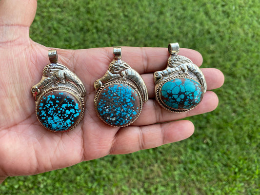 Natural Turquoise Stone Tibetan Silver Pendant, Native American Style, Ethnic Tibetan Jewelry, Energy Stone, Birthstone, For Men or Women