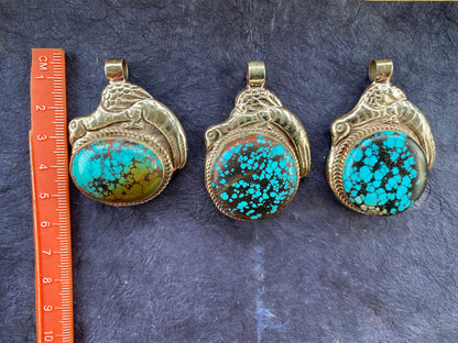 Natural Turquoise Stone Tibetan Silver Pendant, Native American Style, Ethnic Tibetan Jewelry, Energy Stone, Birthstone, For Men or Women