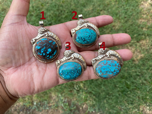 Natural Turquoise Tibetan Silver Pendant, Women's or Men's Jewelry, Ethnic Jewelry, Pendant, Birthstone, Birthday Gift, Pendant for Necklace