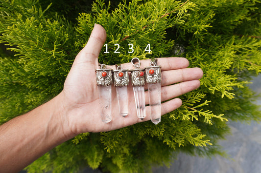 Natural Crystal with Red Coral Tibetan Silver Pendant | Nature Inspired Jewlery, Unisex pointed Pendant for Daily wear, Jewlery Gift