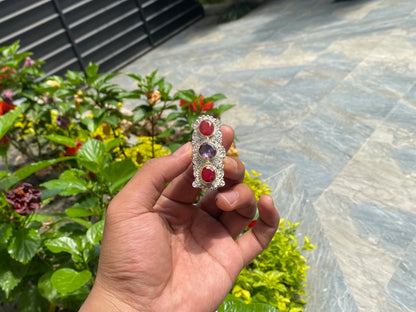 Natural gemstone adorned ring, Handmade Ring, Hammered texture Ring, Calming ring, Two toned Ring, Ruby and Amethyst ring.