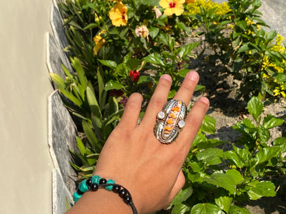 Nature's Embrace: Handmade Spiny Oyster Shell Silver Ring, Hammered Ring, Adjustable ring