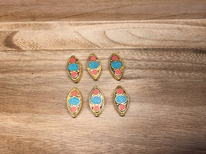 Nepal Bead, Turquoise & Coral Inlaid, 18K Matte Gold Overlay, Bead for Necklace/Bracelet/Earring, Tibetan Ethnic Tribe Boho Jewelry, Unique