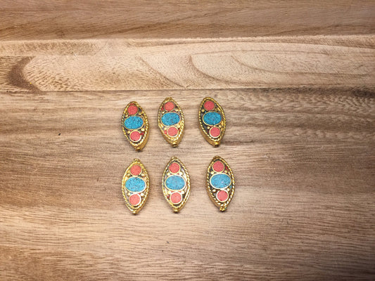 Nepal Bead, Turquoise & Coral Inlaid, 18K Matte Gold Overlay, Bead for Necklace/Bracelet/Earring, Tibetan Ethnic Tribe Boho Jewelry, Unique