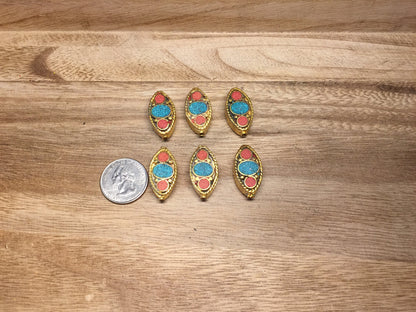 Nepal Bead, Turquoise & Coral Inlaid, 18K Matte Gold Overlay, Bead for Necklace/Bracelet/Earring, Tibetan Ethnic Tribe Boho Jewelry, Unique