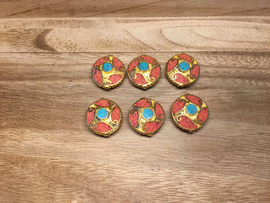 Nepal Bead, Turquoise & Coral Inlaid, 18K Matte Gold Overlay, Bead for Necklace/Bracelet/Earring, Tibetan Ethnic Tribe Boho Jewelry, Unique
