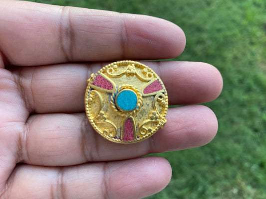Nepal Beads, High Quality 18k Brushed Gold Overlay with Anti Tarnish,Turquoise with Coral Inlay Necklace Bead,Himalayan Handmade Ethnic Bead