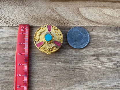 Nepal Beads, High Quality 18k Brushed Gold Overlay with Anti Tarnish,Turquoise with Coral Inlay Necklace Bead,Himalayan Handmade Ethnic Bead