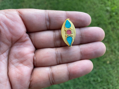 Nepal Beads, High Quality 18k Brushed Gold Overlay with Anti Tarnish,Turquoise with Coral Inlay Necklace Bead,Himalayan Handmade Ethnic Bead