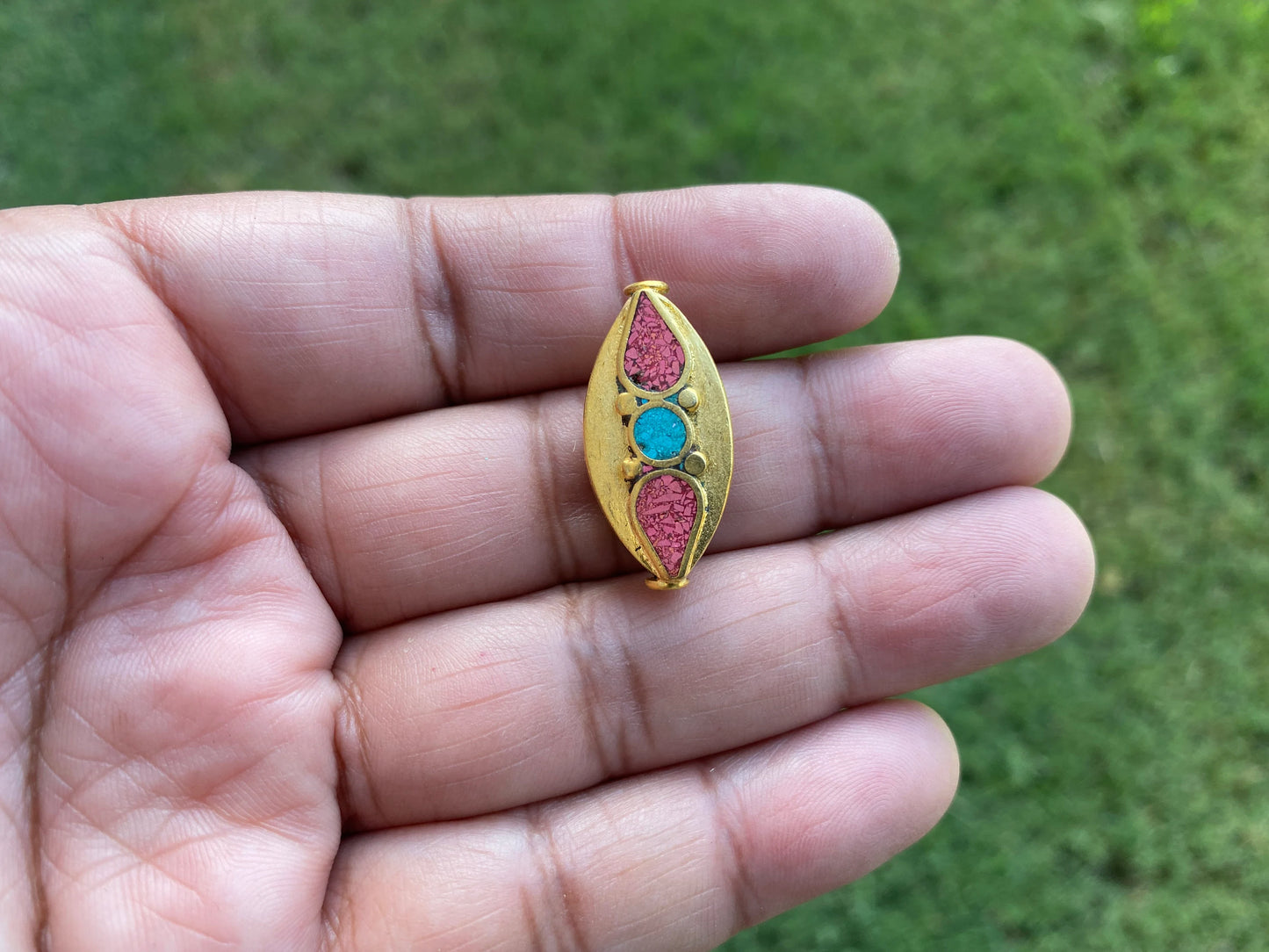 Nepal Beads, High Quality 18k Brushed Gold Overlay with Anti Tarnish,Turquoise with Coral Inlay Necklace Bead,Himalayan Handmade Ethnic Bead
