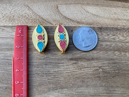 Nepal Beads, High Quality 18k Brushed Gold Overlay with Anti Tarnish,Turquoise with Coral Inlay Necklace Bead,Himalayan Handmade Ethnic Bead