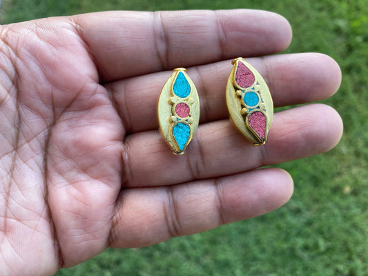 Nepal Beads, High Quality 18k Brushed Gold Overlay with Anti Tarnish,Turquoise with Coral Inlay Necklace Bead,Himalayan Handmade Ethnic Bead