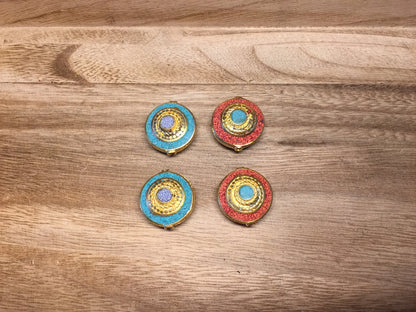 Nepal Beads, Turquoise Lapis & Coral Inlaid, 18K Matte Gold Overlay, Himalayan Ethnic Hill Tribe Jewelry, Bead for Necklace/Bracelet, Boho