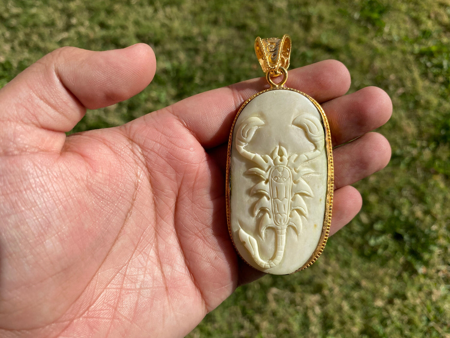 Scorpio Zodiac Sign Bone Pendant, Non Tarnish 18K Brushed Gold Overlay Over Brass, Horoscope, Medallion, Astrology Jewelry, Scorpion Design