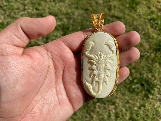 Scorpio Zodiac Sign Bone Pendant, Non Tarnish 18K Brushed Gold Overlay Over Brass, Horoscope, Medallion, Astrology Jewelry, Scorpion Design