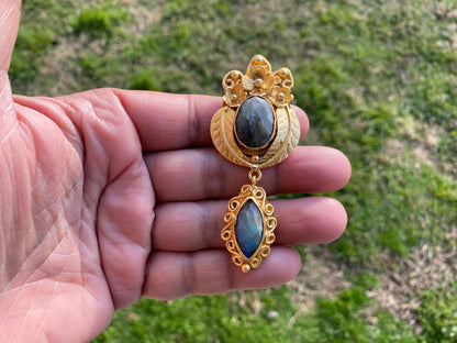 Labradorite Dangle Pendant, Non Tarnish Brushed Gold Overlay Jewelry, Natural Raw Stone, Healing Stone for Necklace, Labradorite Jewelry