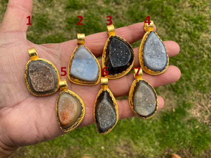 Non Tarnish Brushed Gold Overlay Pendant, Druzy Raw Agate Stone Healing Pendant, Hill Tribe Women's Jewelry, Birthstone Pendant for Necklace