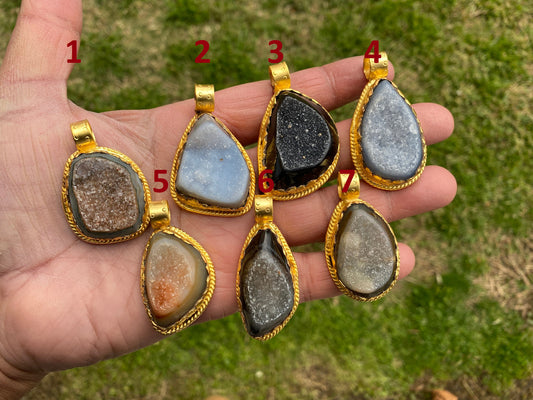 Non Tarnish Brushed Gold Overlay Pendant, Druzy Raw Agate Stone Healing Pendant, Hill Tribe Women's Jewelry, Birthstone Pendant for Necklace