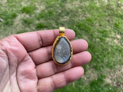 Non Tarnish Brushed Gold Overlay Pendant, Druzy Raw Agate Stone Healing Pendant, Hill Tribe Women's Jewelry, Birthstone Pendant for Necklace
