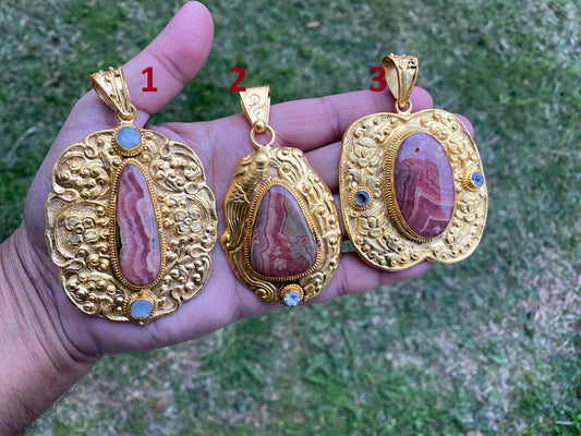 Rhodochrosite Natural Stone, Non Tarnish Brushed Gold Overlay, Elegant Jewelry, Luxury Pendant, Unique Stone Statement Piece, Jewelry Gift