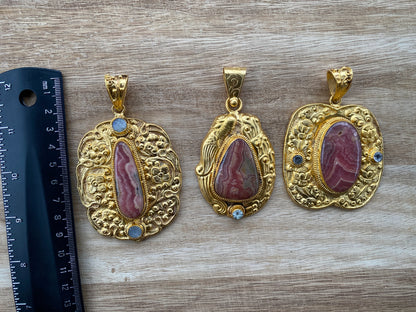 Rhodochrosite Natural Stone, Non Tarnish Brushed Gold Overlay, Elegant Jewelry, Luxury Pendant, Unique Stone Statement Piece, Jewelry Gift