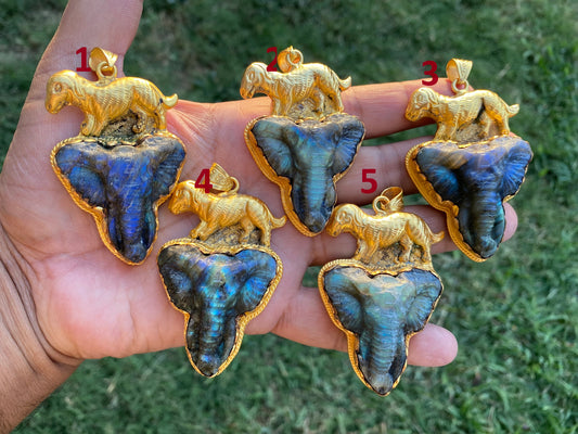 Hand Carved Elephant Head Labradorite Pendant, Non Tarnish Brushed Gold Overlay, Elephant Pendant, Animal Pendant, Unique Carving Jewelry