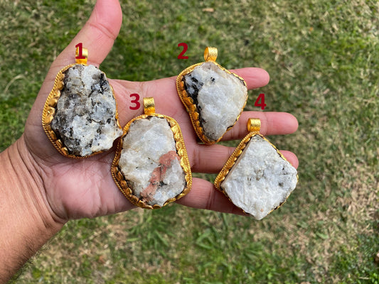 Big Chunky Raw Natural Rainbow Moonstone Pendant, Non Tarnish Brushed Gold Overlay, Raw Crystal Jewelry, Crown Chakra, Elegant Design