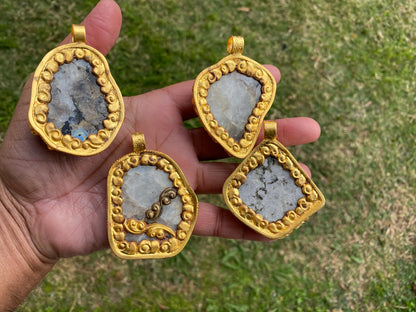 Big Chunky Raw Natural Rainbow Moonstone Pendant, Non Tarnish Brushed Gold Overlay, Raw Crystal Jewelry, Crown Chakra, Elegant Design