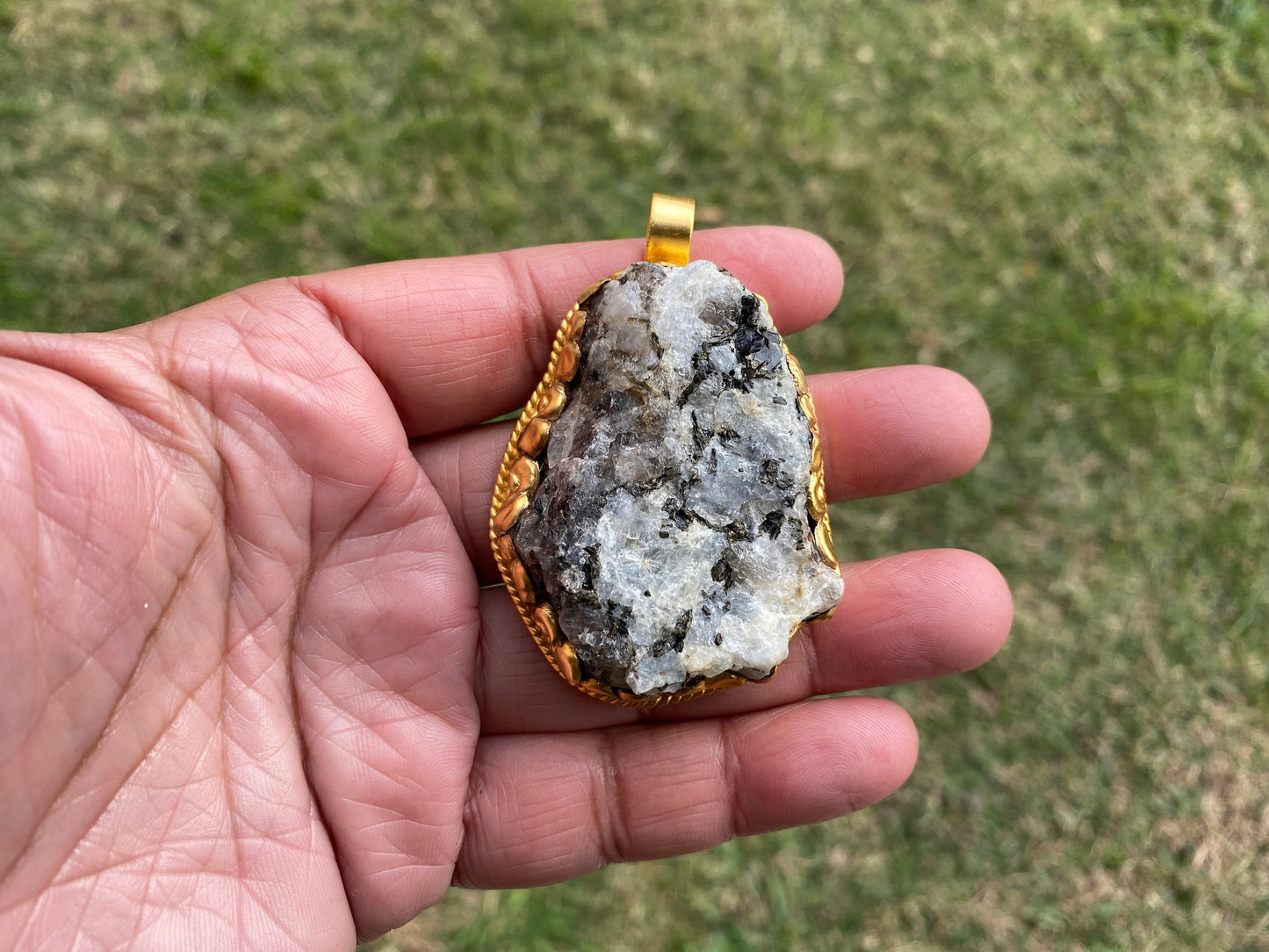 Big Chunky Raw Natural Rainbow Moonstone Pendant, Non Tarnish Brushed Gold Overlay, Raw Crystal Jewelry, Crown Chakra, Elegant Design