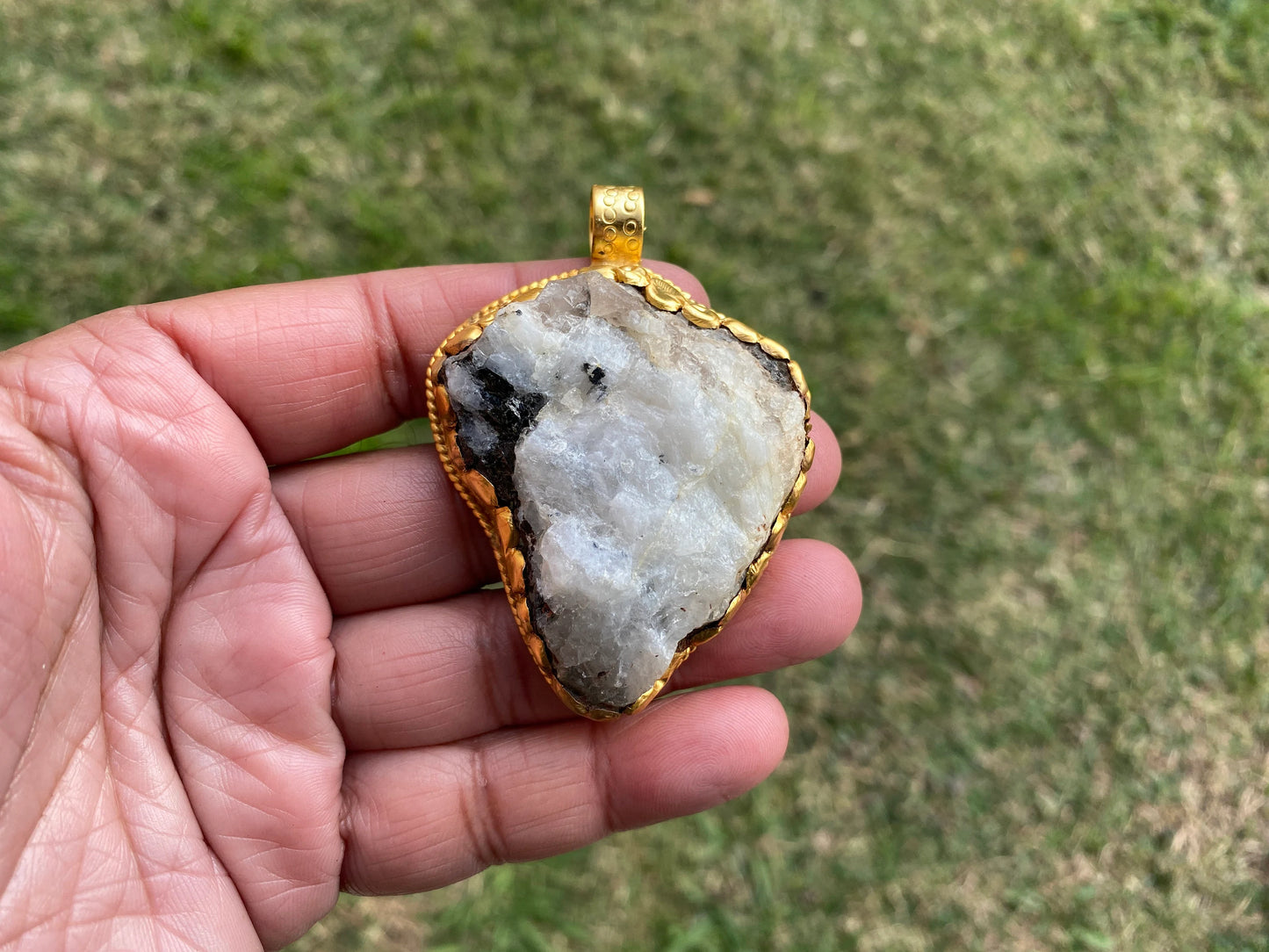 Big Chunky Raw Natural Rainbow Moonstone Pendant, Non Tarnish Brushed Gold Overlay, Raw Crystal Jewelry, Crown Chakra, Elegant Design