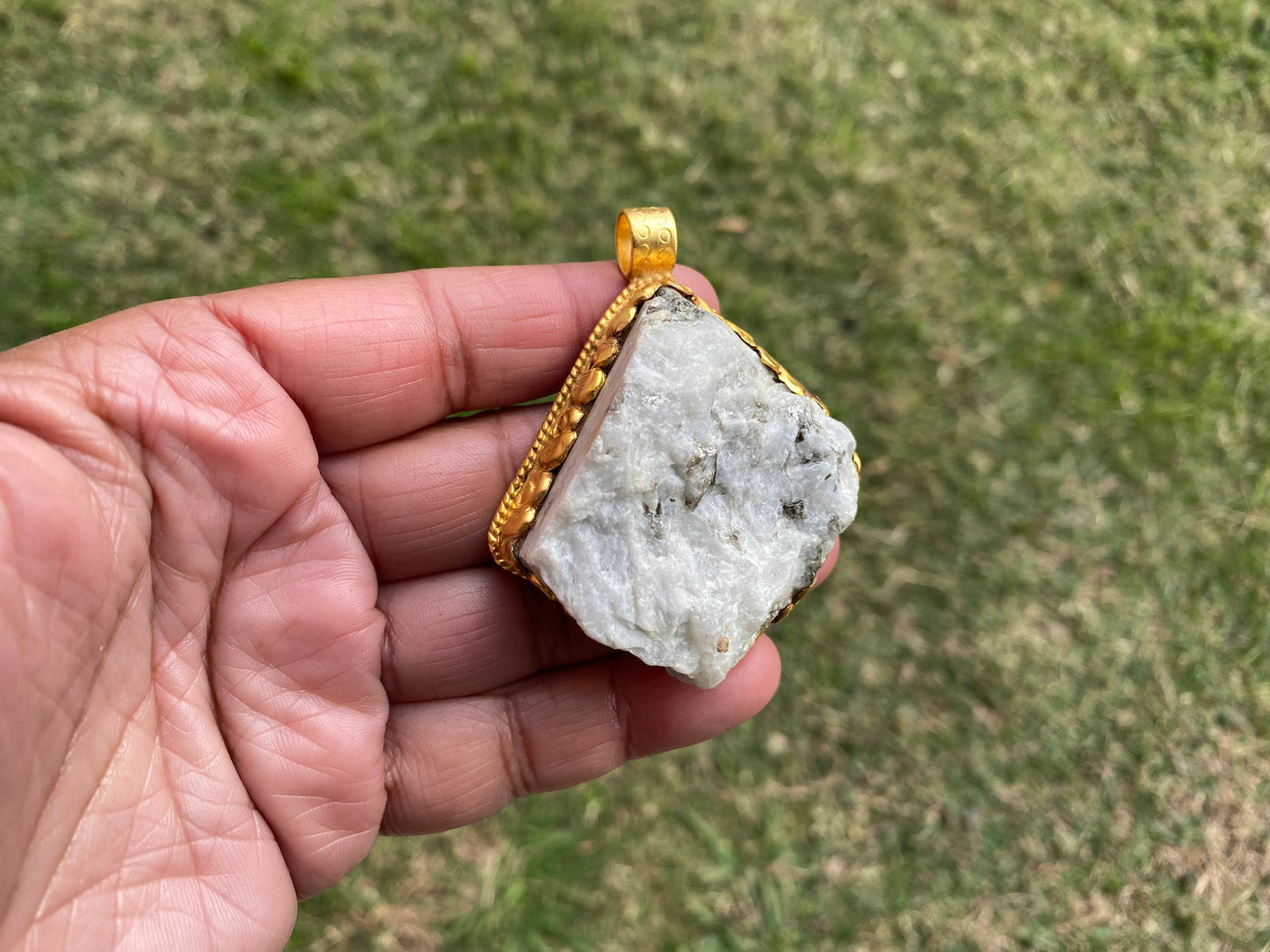Big Chunky Raw Natural Rainbow Moonstone Pendant, Non Tarnish Brushed Gold Overlay, Raw Crystal Jewelry, Crown Chakra, Elegant Design
