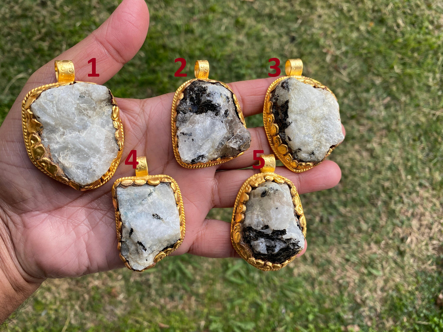 Big Chunky Raw Natural Rainbow Moonstone Pendant, Non Tarnish Brushed Gold Overlay, Raw Crystal Jewelry, Crown Chakra, Elegant Design