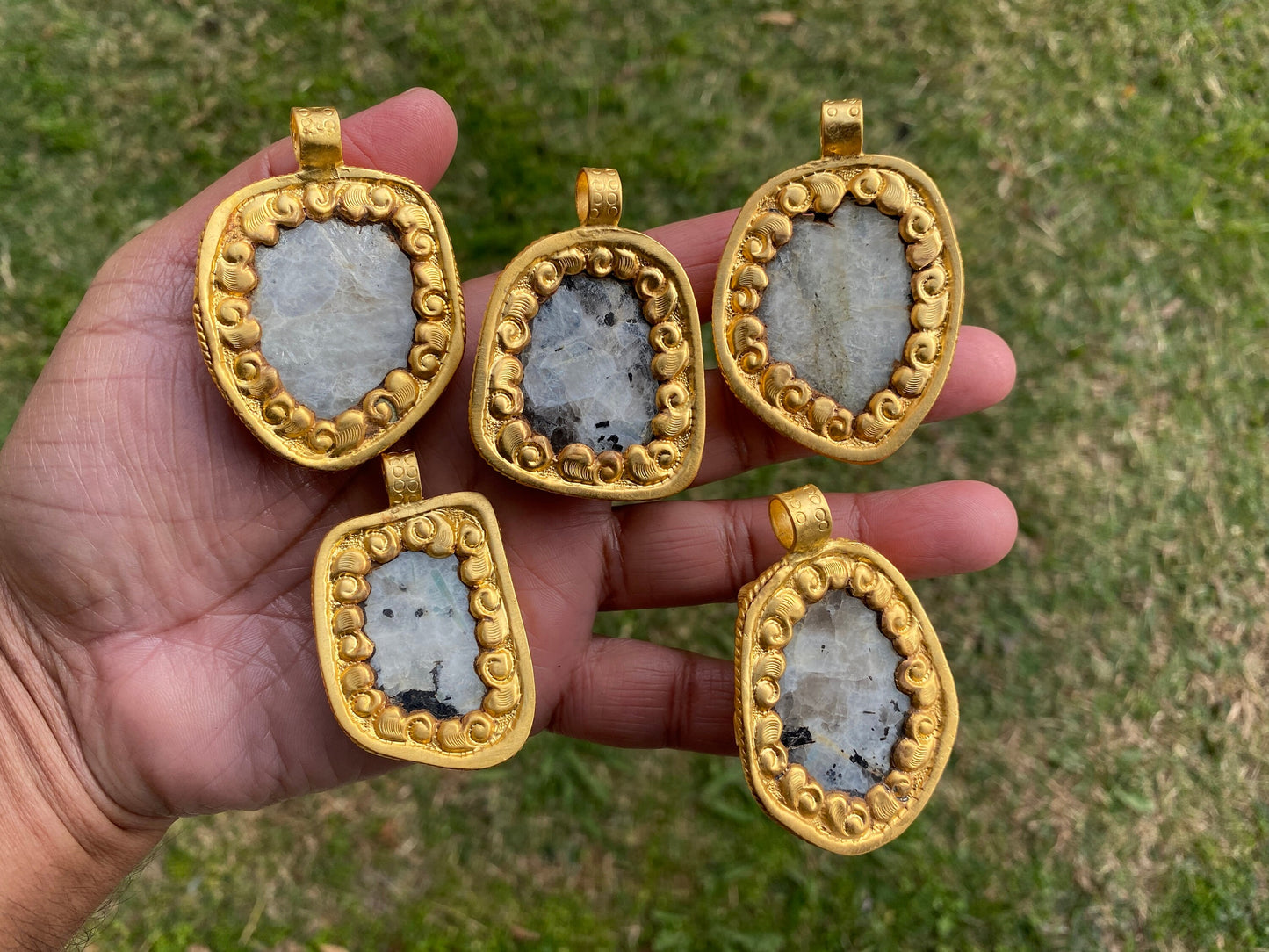 Big Chunky Raw Natural Rainbow Moonstone Pendant, Non Tarnish Brushed Gold Overlay, Raw Crystal Jewelry, Crown Chakra, Elegant Design