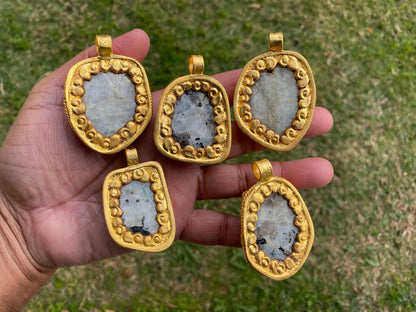 Big Chunky Raw Natural Rainbow Moonstone Pendant, Non Tarnish Brushed Gold Overlay, Raw Crystal Jewelry, Crown Chakra, Elegant Design