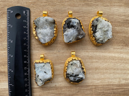 Big Chunky Raw Natural Rainbow Moonstone Pendant, Non Tarnish Brushed Gold Overlay, Raw Crystal Jewelry, Crown Chakra, Elegant Design