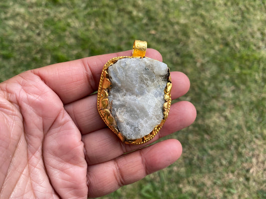 Big Chunky Raw Natural Rainbow Moonstone Pendant, Non Tarnish Brushed Gold Overlay, Raw Crystal Jewelry, Crown Chakra, Elegant Design