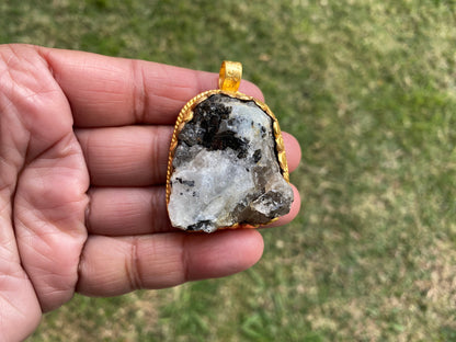 Big Chunky Raw Natural Rainbow Moonstone Pendant, Non Tarnish Brushed Gold Overlay, Raw Crystal Jewelry, Crown Chakra, Elegant Design