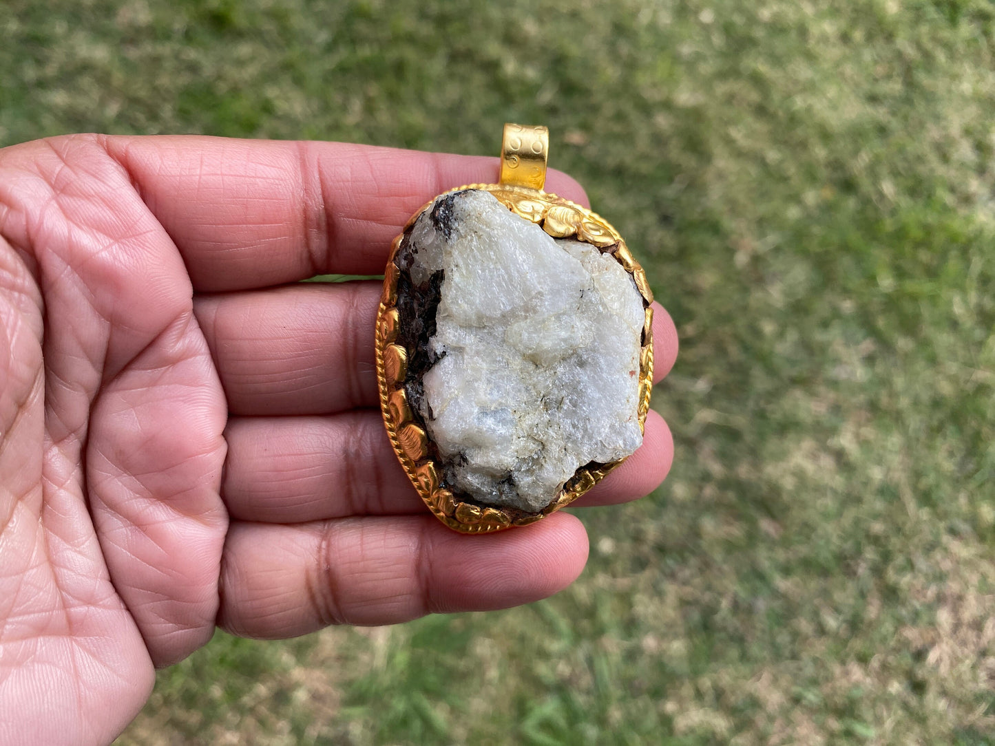 Big Chunky Raw Natural Rainbow Moonstone Pendant, Non Tarnish Brushed Gold Overlay, Raw Crystal Jewelry, Crown Chakra, Elegant Design
