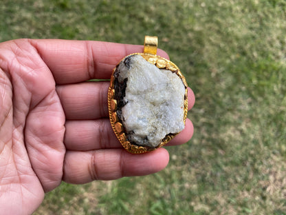 Big Chunky Raw Natural Rainbow Moonstone Pendant, Non Tarnish Brushed Gold Overlay, Raw Crystal Jewelry, Crown Chakra, Elegant Design