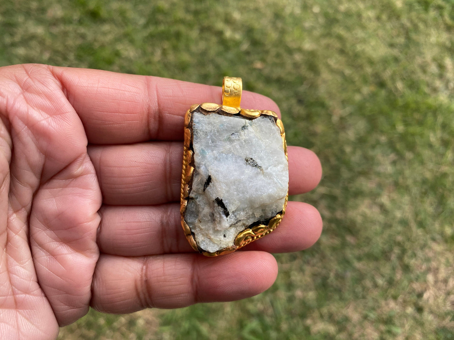 Big Chunky Raw Natural Rainbow Moonstone Pendant, Non Tarnish Brushed Gold Overlay, Raw Crystal Jewelry, Crown Chakra, Elegant Design
