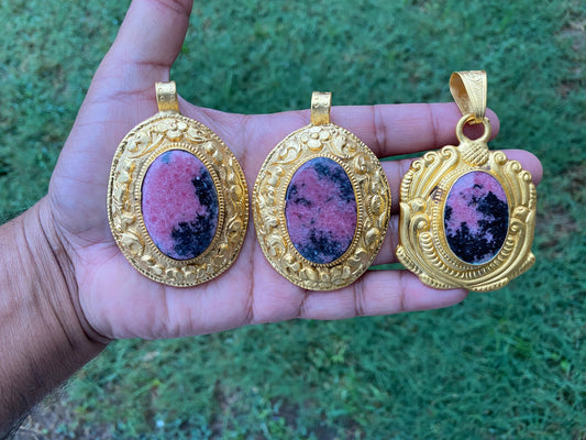 Natural Pink & Black Rhodonite Pendant, High Quality 18K Brushed Gold Overlay, Non Tarnish Jewelry, Women's Jewelry, Healing Crystal