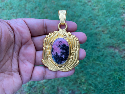 Natural Pink & Black Rhodonite Pendant, High Quality 18K Brushed Gold Overlay, Non Tarnish Jewelry, Women's Jewelry, Healing Crystal