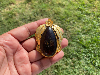 Amber Gemstone Pendant, Non tarnish Brushed Gold Overlay Jewelry, Fossilized Resin, Ancient Treasure, Organic Jewelry, Vintage Allure