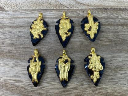 Obsidian Arrowhead Large & Small Pendant Matte Gold Overlay Handcrafted Nepal Tibetan Himalayan Ethnic Tribal Jewelry, Natural Stone Pendant