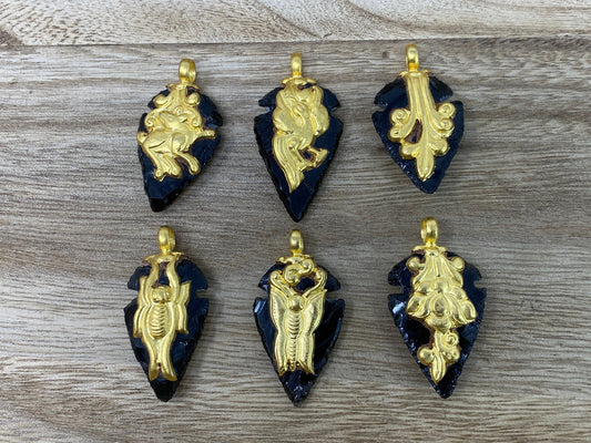 Obsidian Arrowhead Large & Small Pendant Matte Gold Overlay Handcrafted Nepal Tibetan Himalayan Ethnic Tribal Jewelry, Natural Stone Pendant