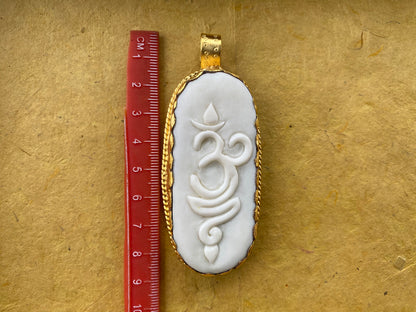 Ohm Mani Mantra Pendant, High Quality 18K Matte Gold Overlay Non Tarnish, Hand Carved Buffalo Bone, Spiritual Jewelry, Unisex Chakra Pendant